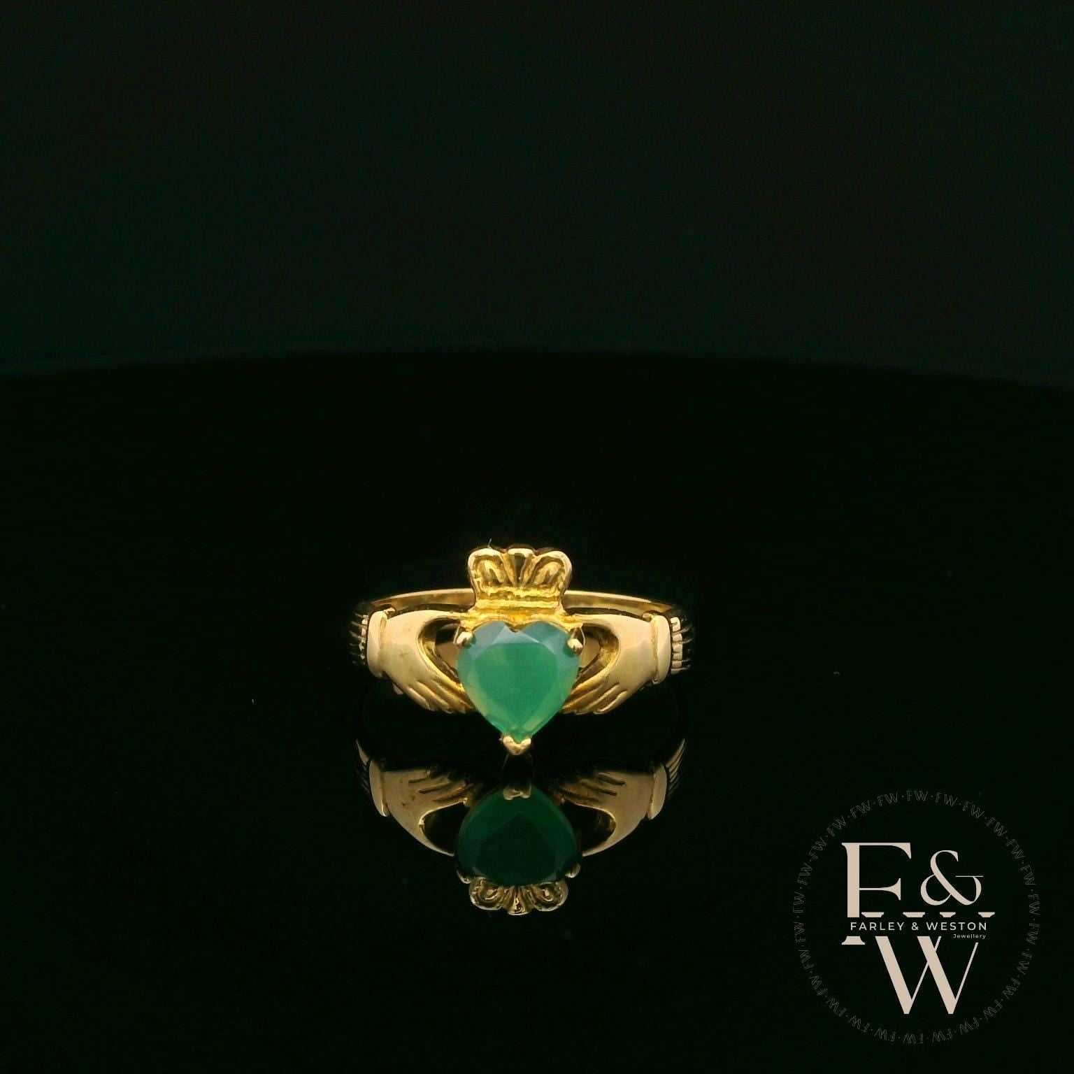Claddagh Ring 9ct Yellow Gold with Green Agate Heart