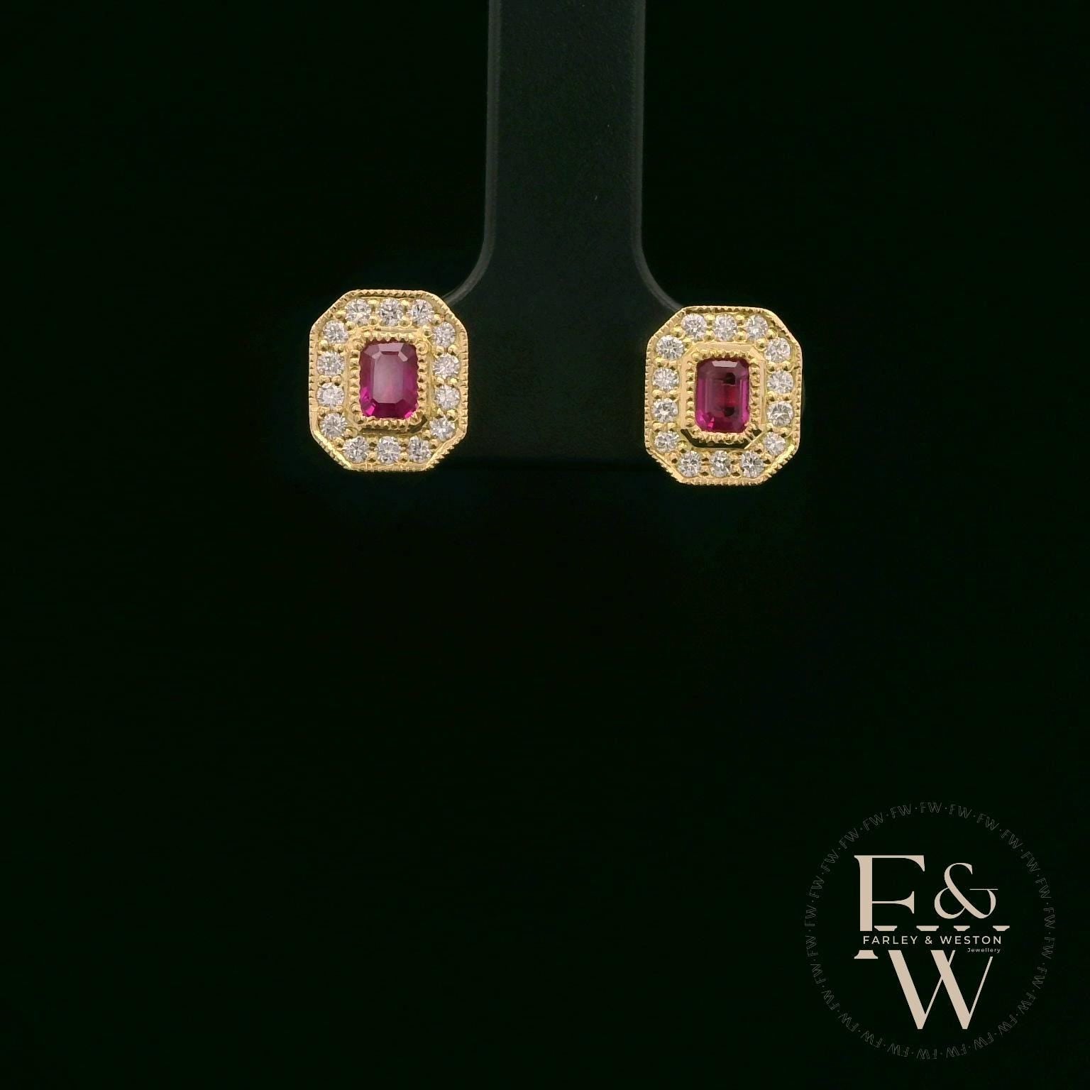 18ct Yellow Gold Emerald-Cut Ruby & Diamond Studs