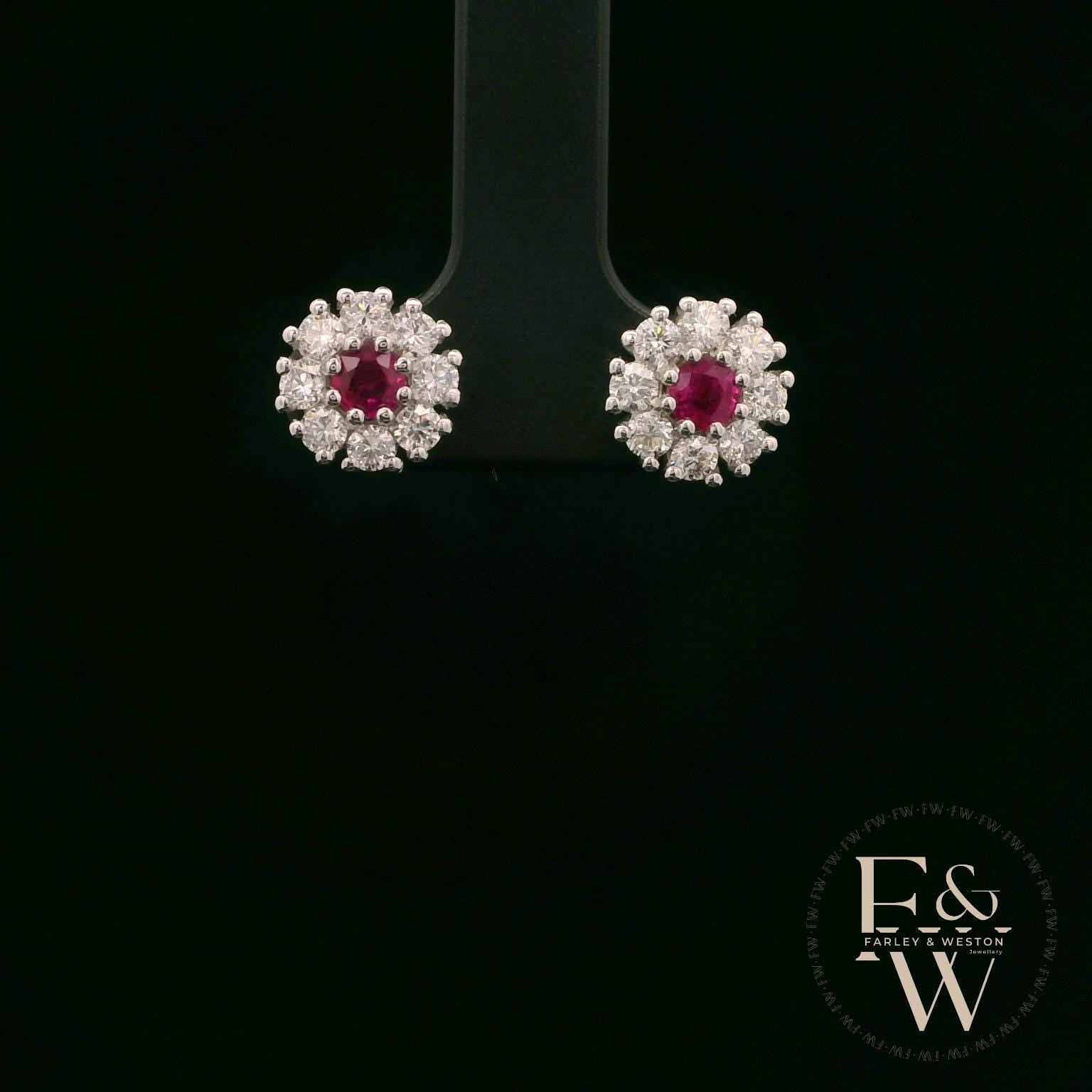 18ct White Gold Round-Cut Ruby & Diamond Studs