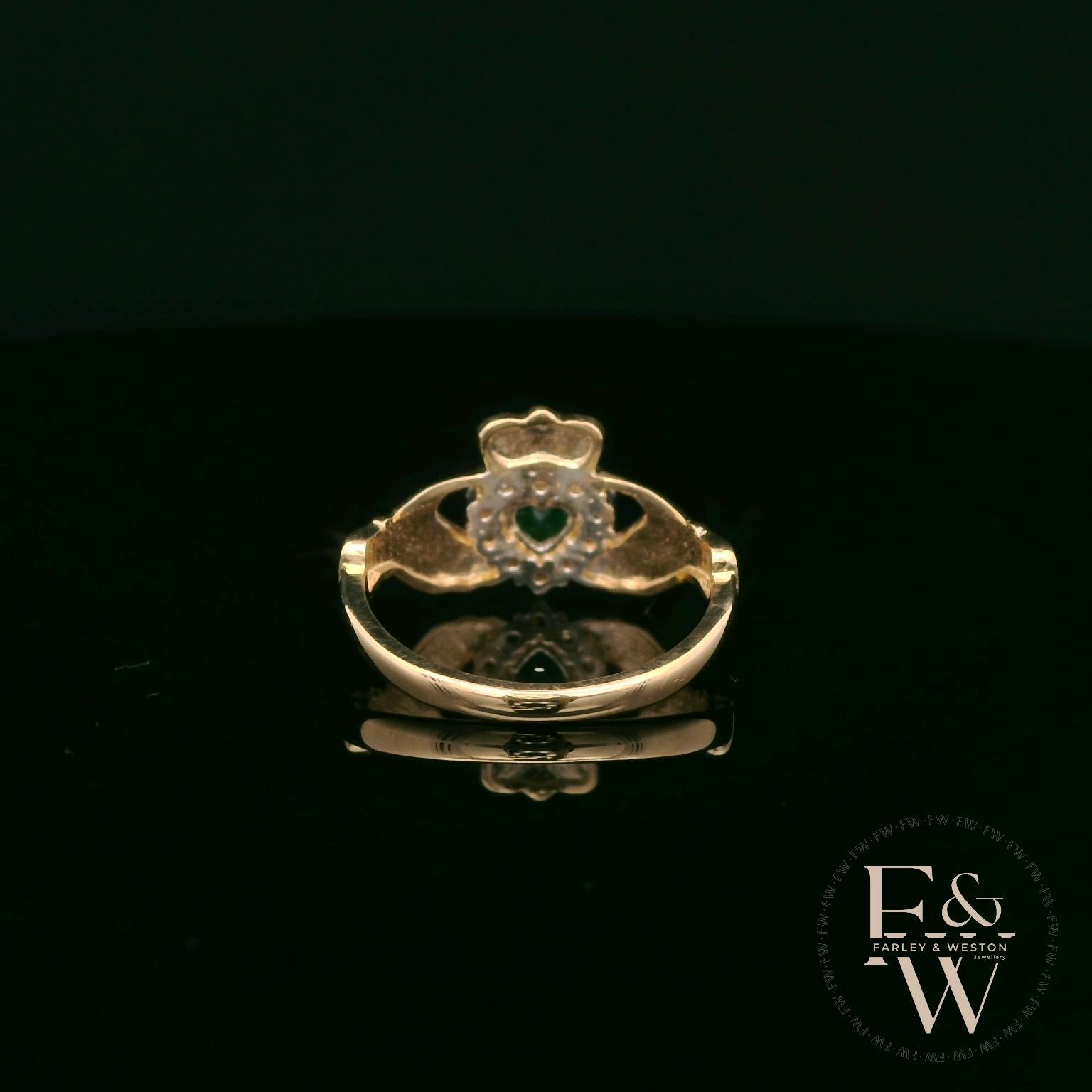9ct Yellow Gold Green Agate & White CZ Claddagh Cluster Ring