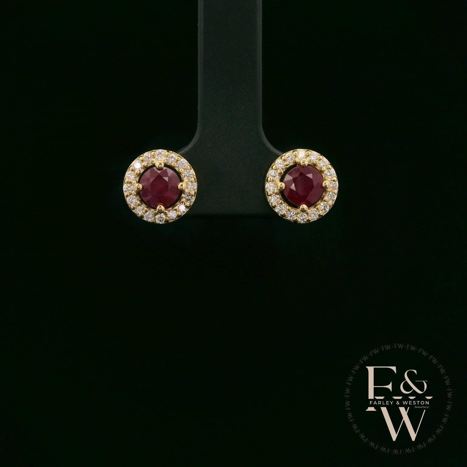 18ct Yellow Gold Round-Cut Ruby & Diamond Studs
