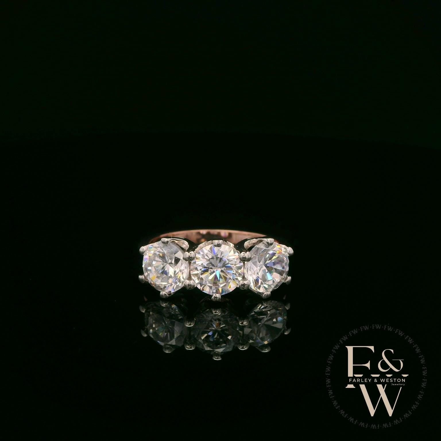 9ct Rose Gold & Three Stone Moissanite Ring