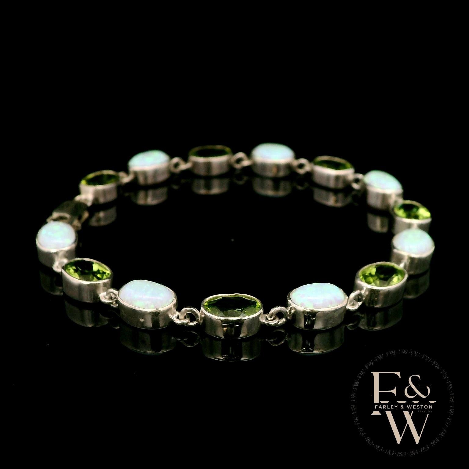 Sterling Silver Oval Cultured Opal and Peridot Bracelet