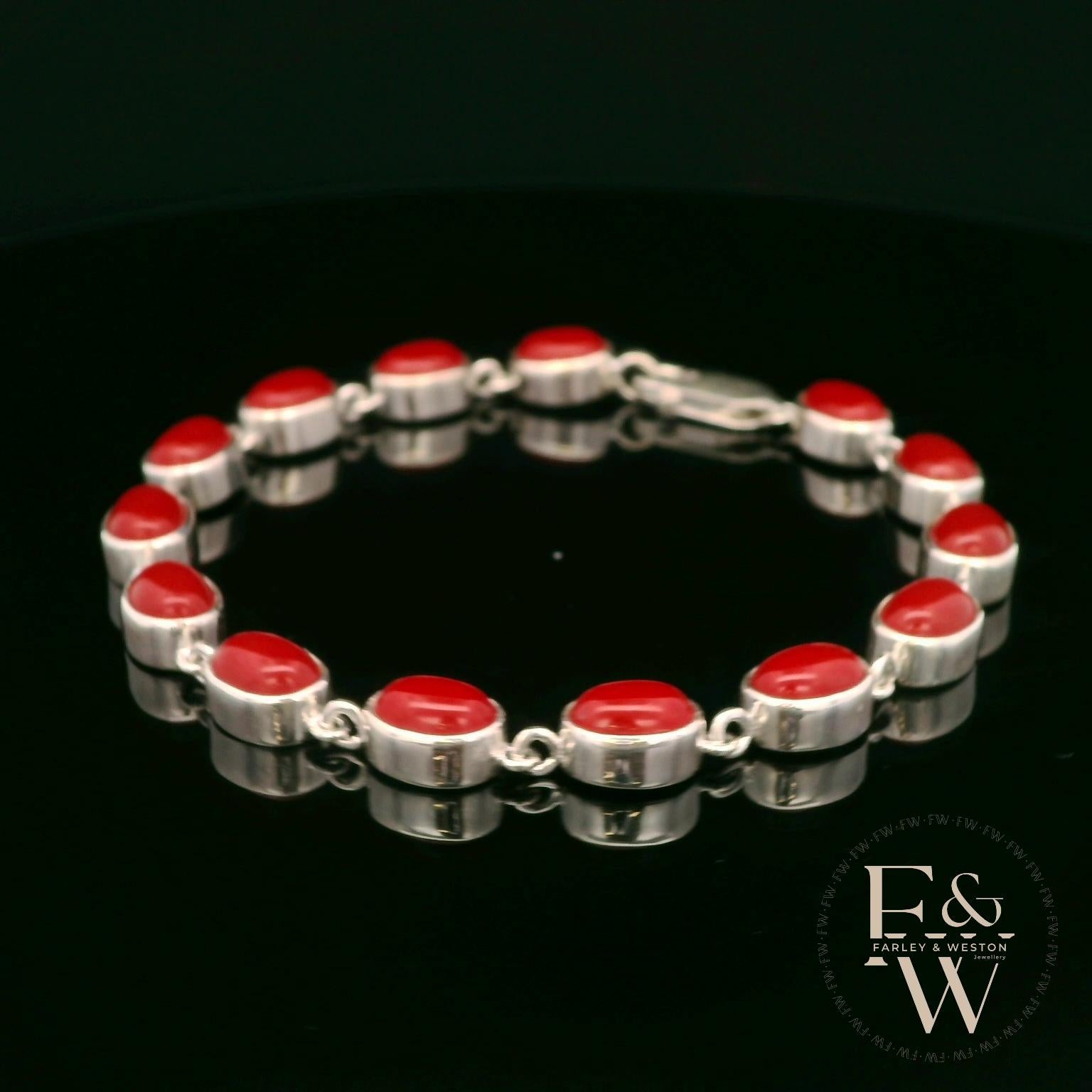Sterling Silver Oval Red Coral Bracelet