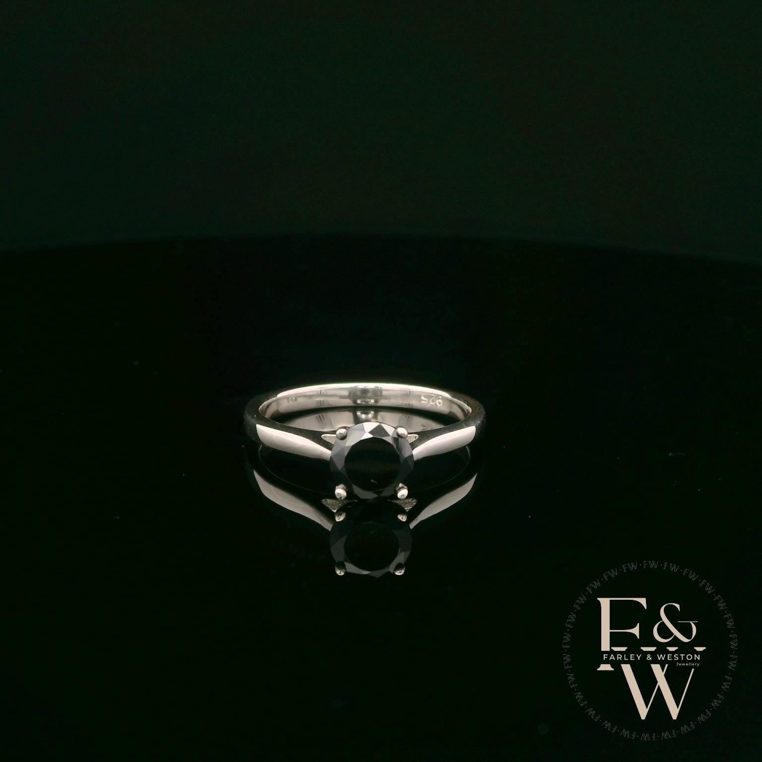 Solitaire Black CZ & Silver Engagement Ring