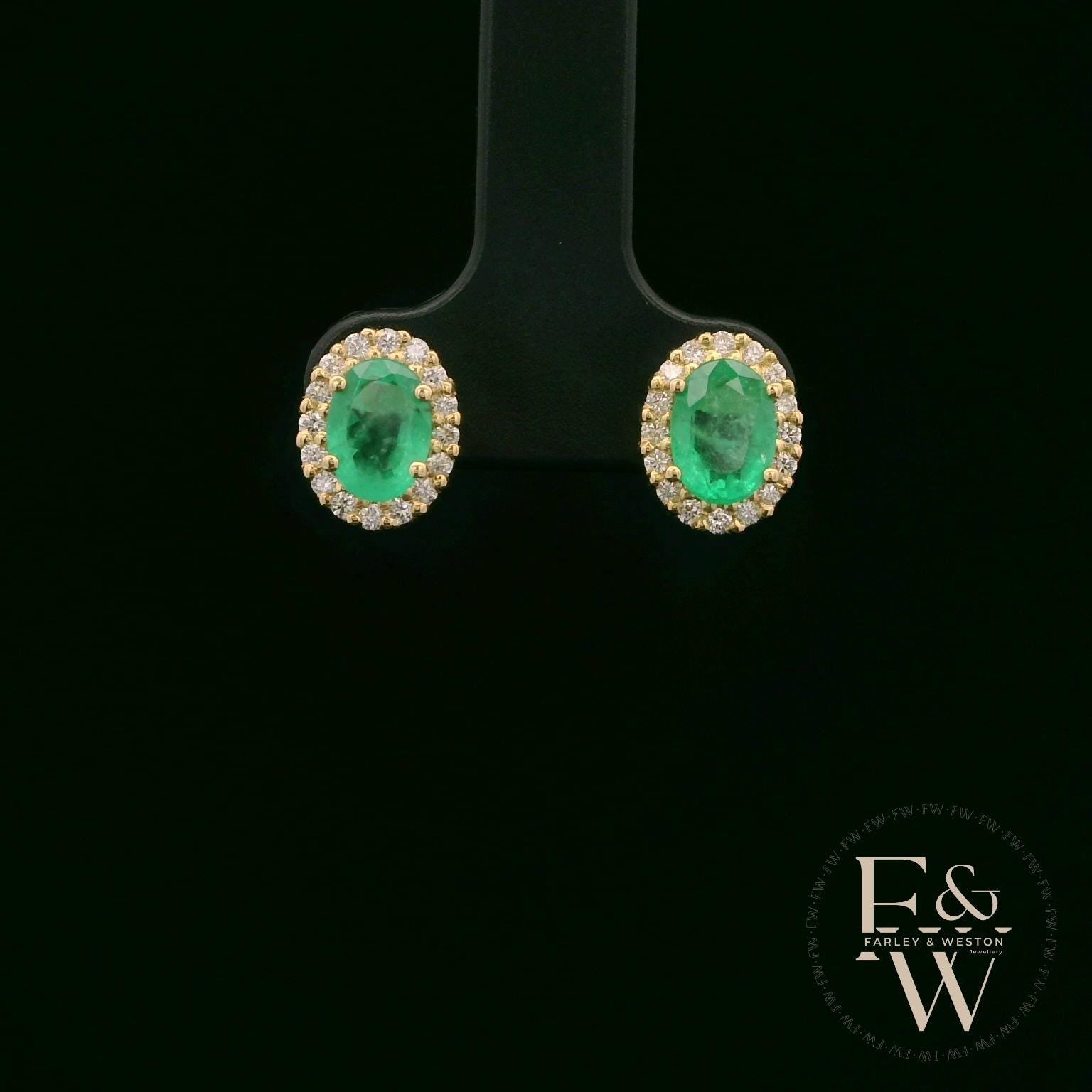 18ct Yellow Gold Oval-Cut Emerald & Diamond Studs