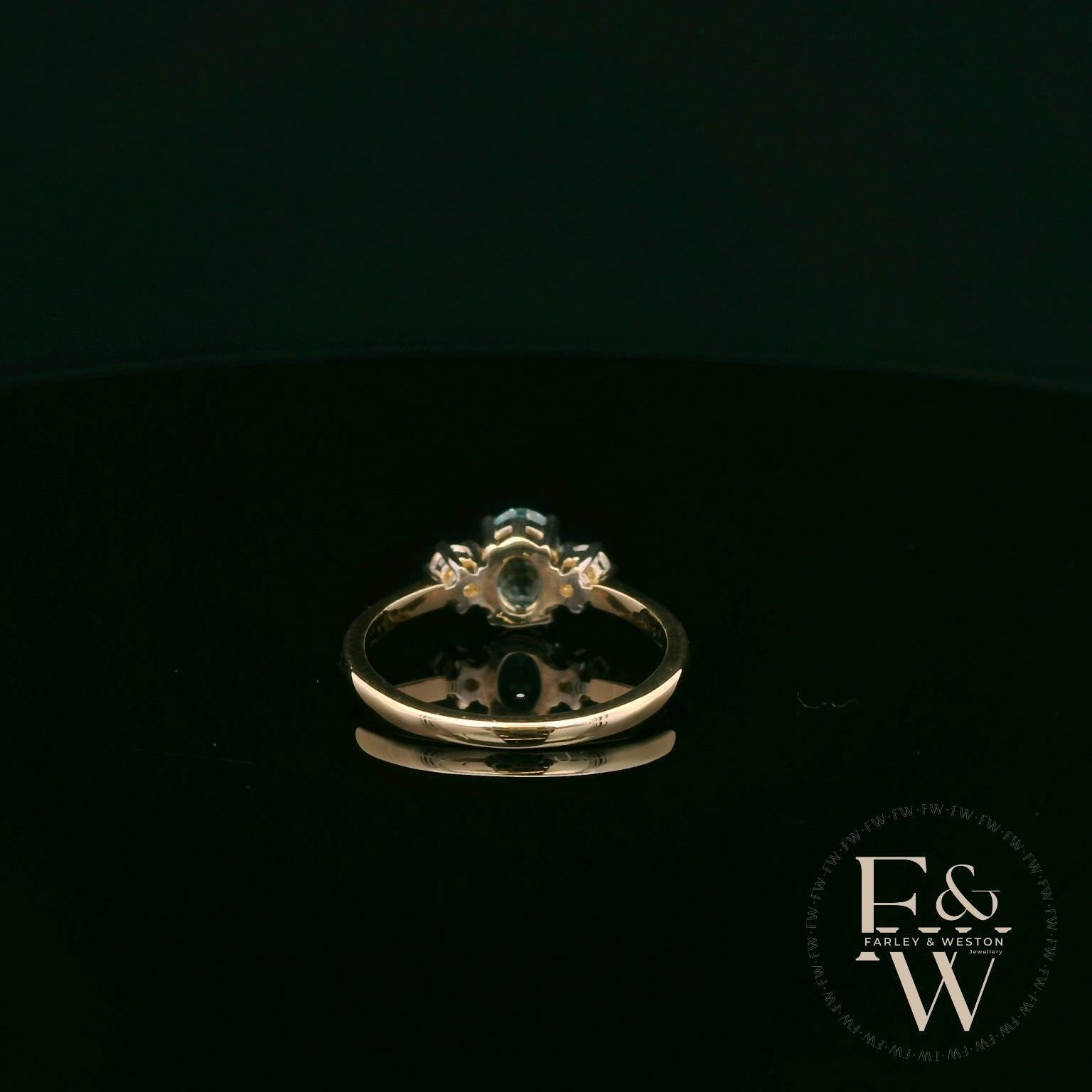 Lab Grown Aqua and Diamond 9ct Yellow Trilogy Ring