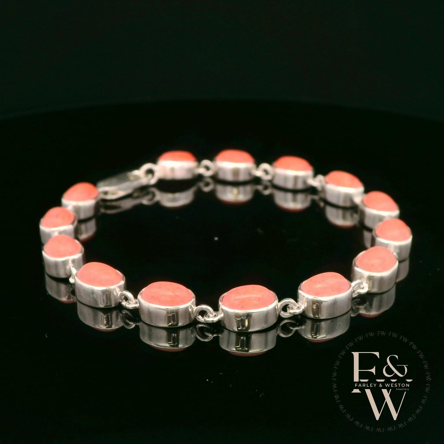 Sterling Silver Oval Coral Bracelet