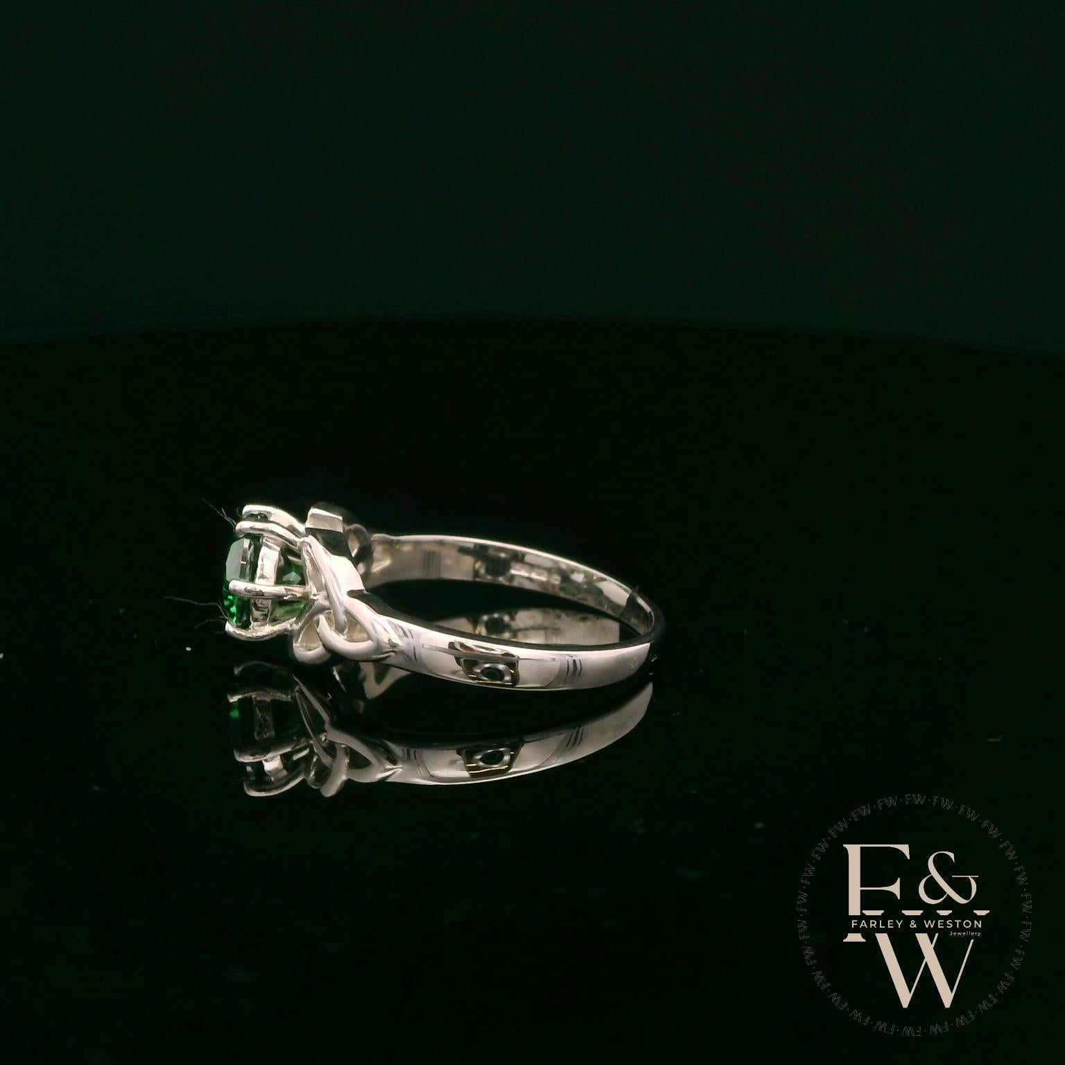 Celtic Patterned 9ct White Gold Emerald CZ Single Stone Ring