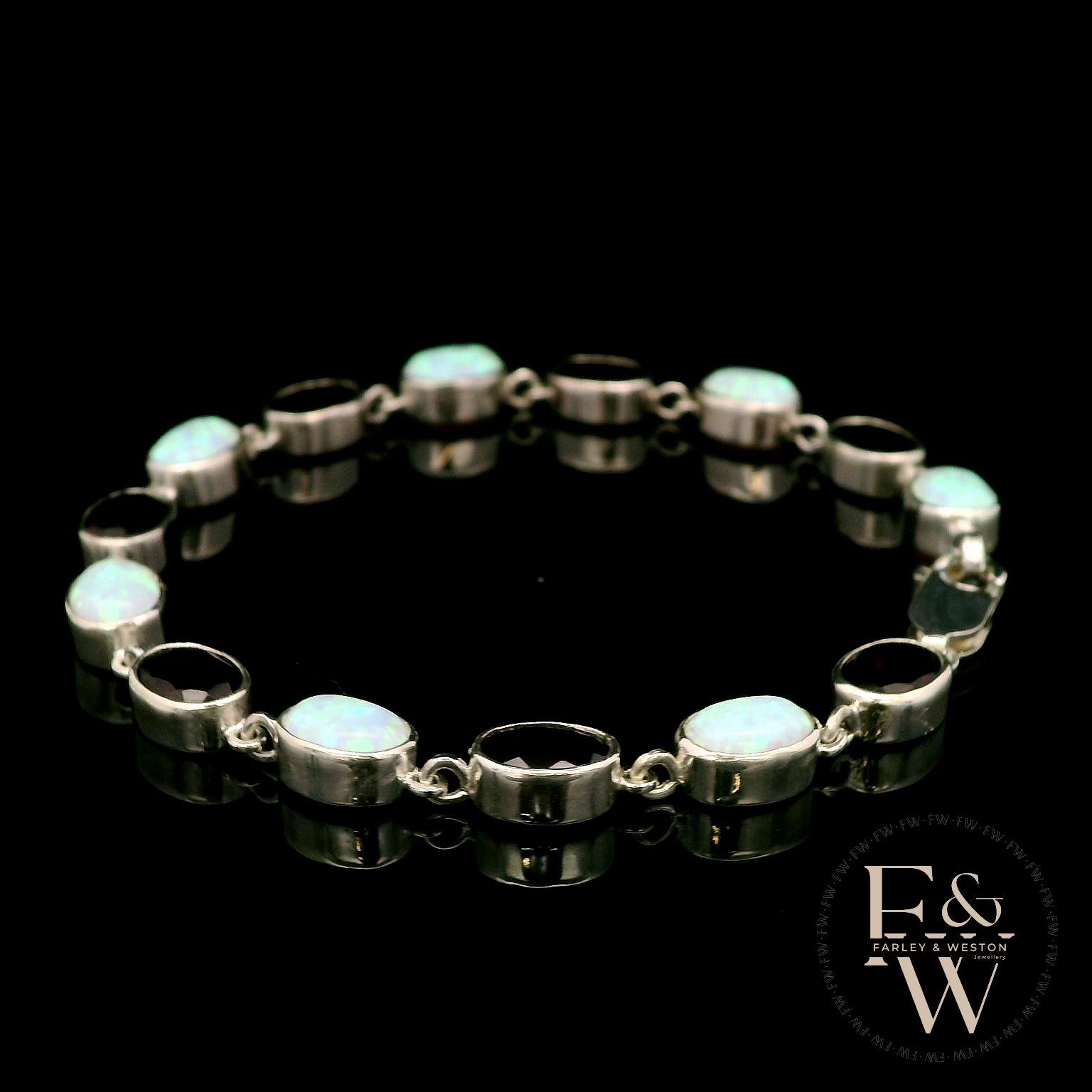 Sterling Silver Oval Cultured Opal and Garnet Bracelet