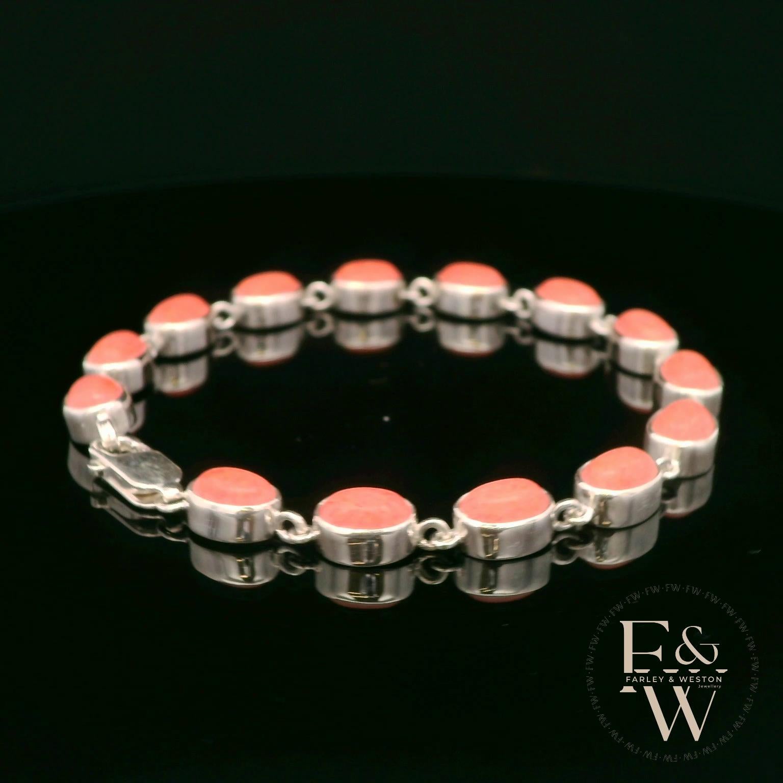 Sterling Silver Oval Coral Bracelet