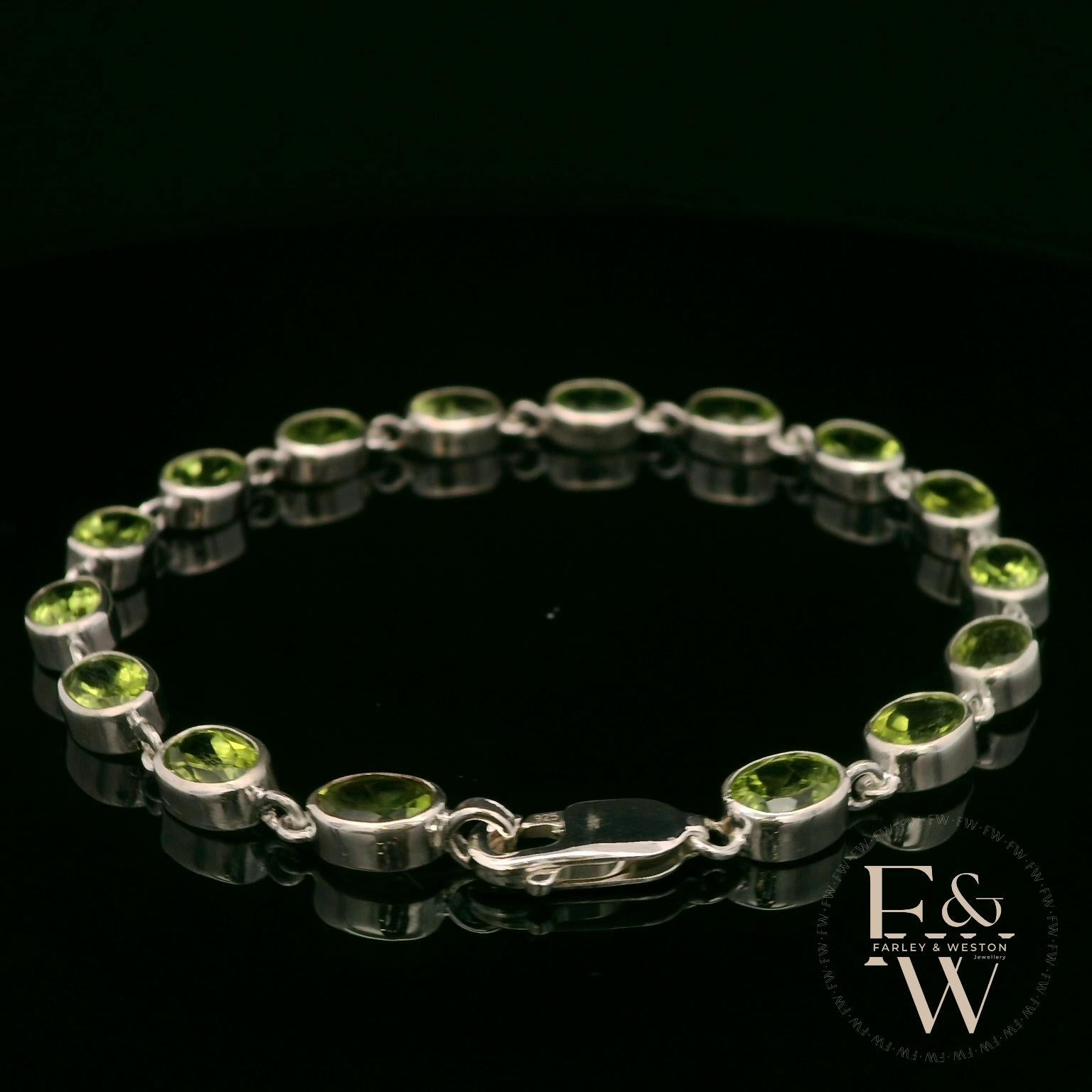 Sterling Silver Chain Bracelet with Cabochon Peridot Gemstones