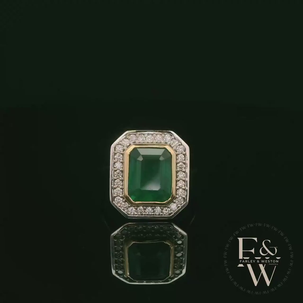 18ct White and Yellow Gold Emerald-Cut Emerald Diamond Halo Ring