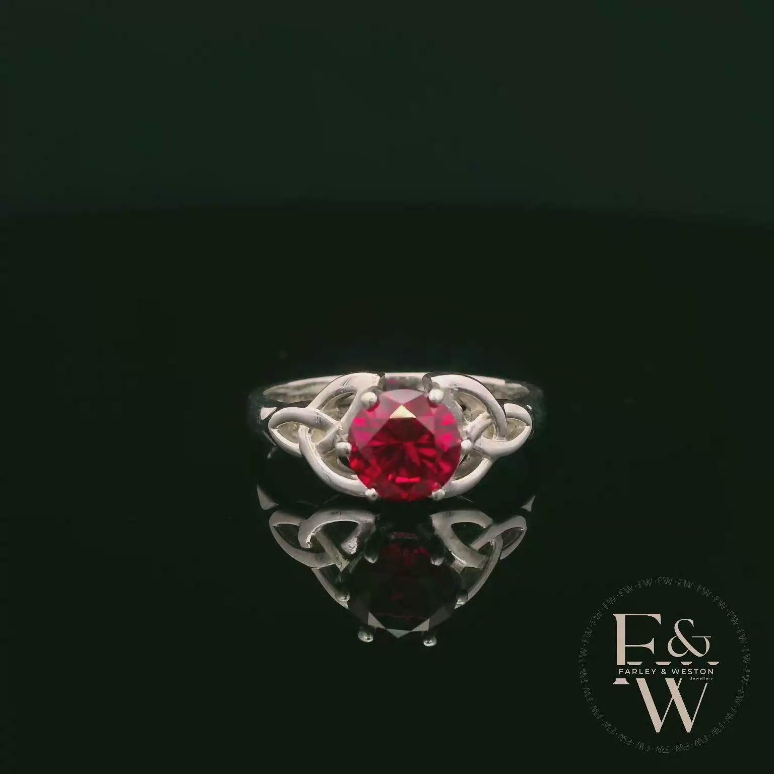 Celtic Patterned 9ct White Gold Ruby CZ Single Stone Ring