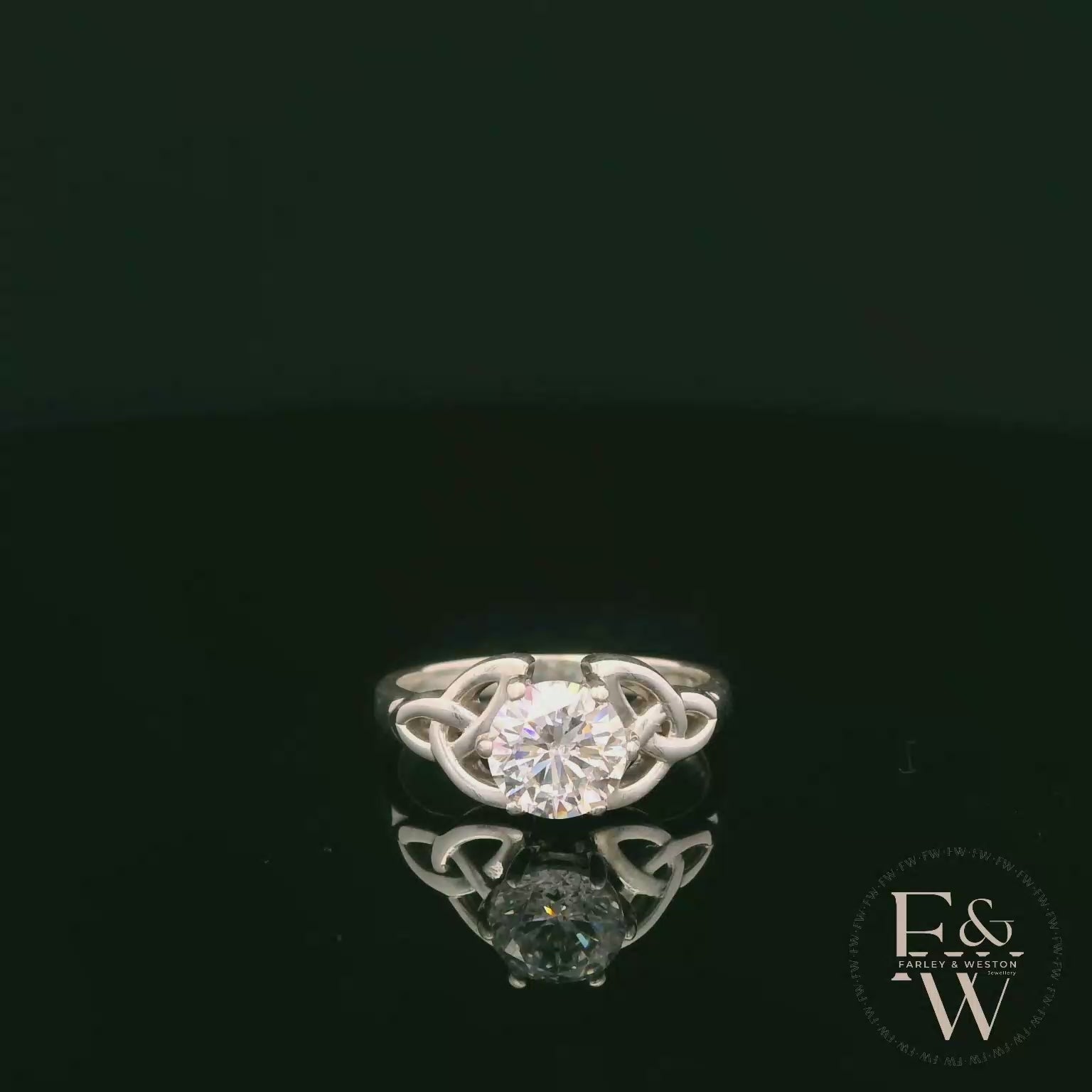 Celtic Patterned Sterling Silver White CZ Single Stone Ring
