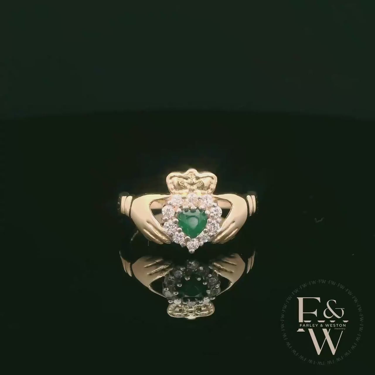 9ct Yellow Gold Green Agate & White CZ Claddagh Cluster Ring