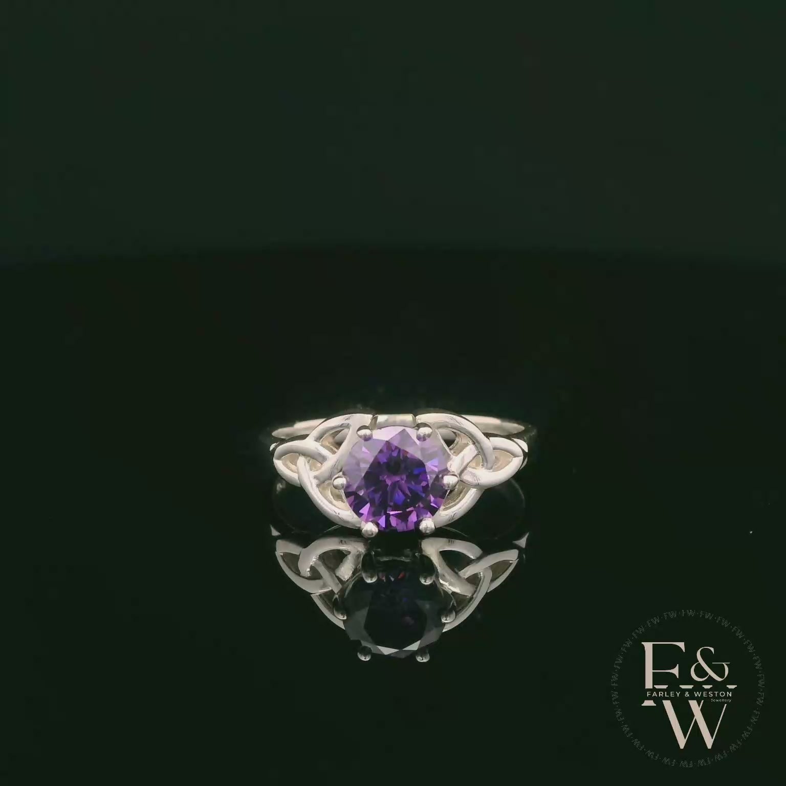 Celtic Patterned Sterling Silver Amethyst CZ Single Stone Ring