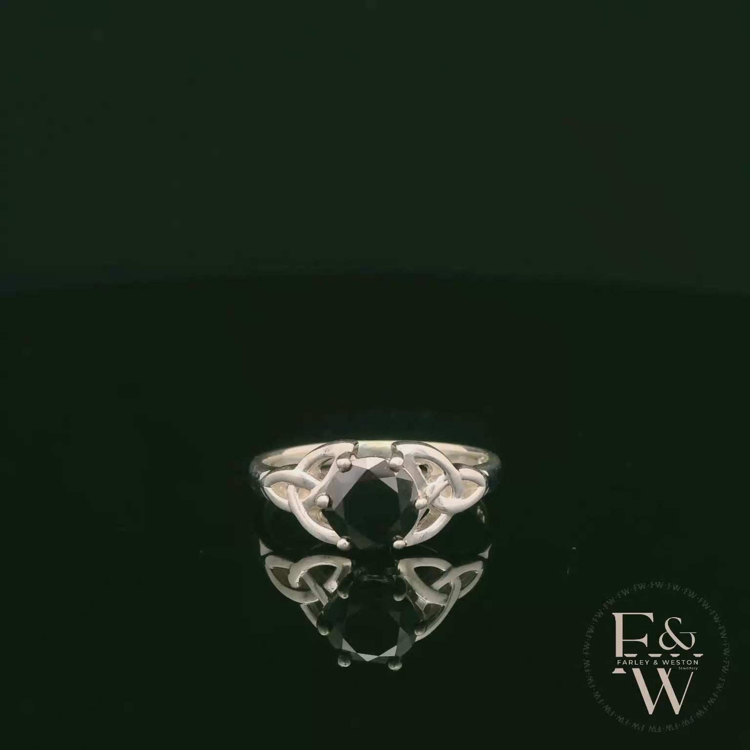 Celtic Patterned Sterling Silver Black CZ Single Stone Ring