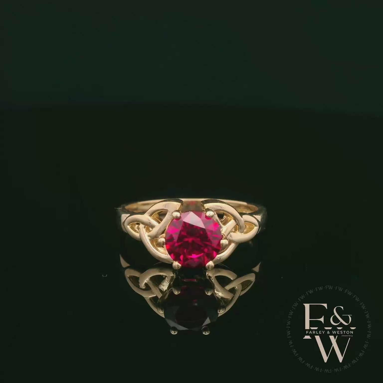 Celtic Patterned 9ct Yellow Gold Ruby CZ Single Stone Ring