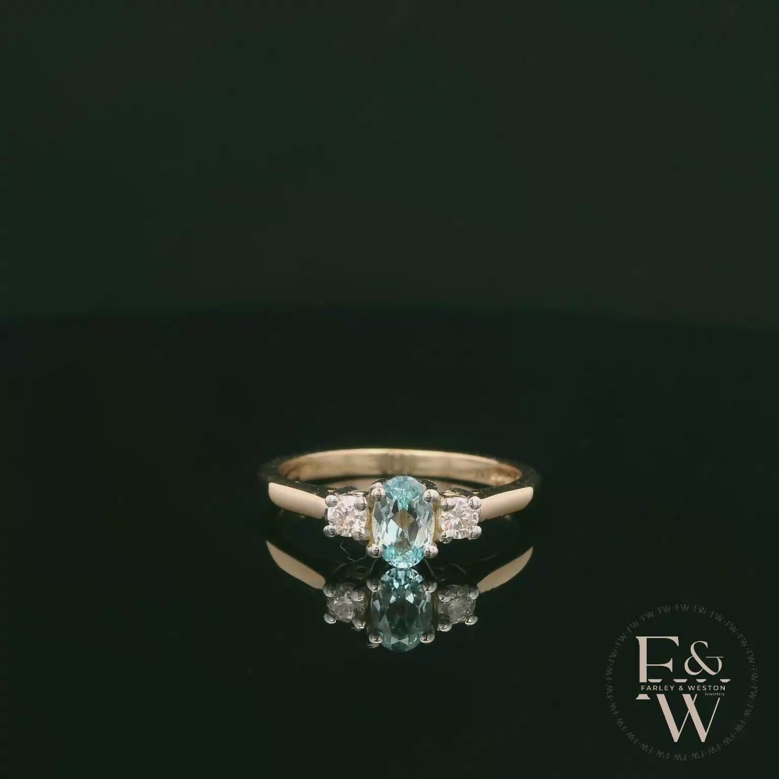 Lab-Grown Aqua and Diamond 9ct Yellow Gold Trilogy Ring