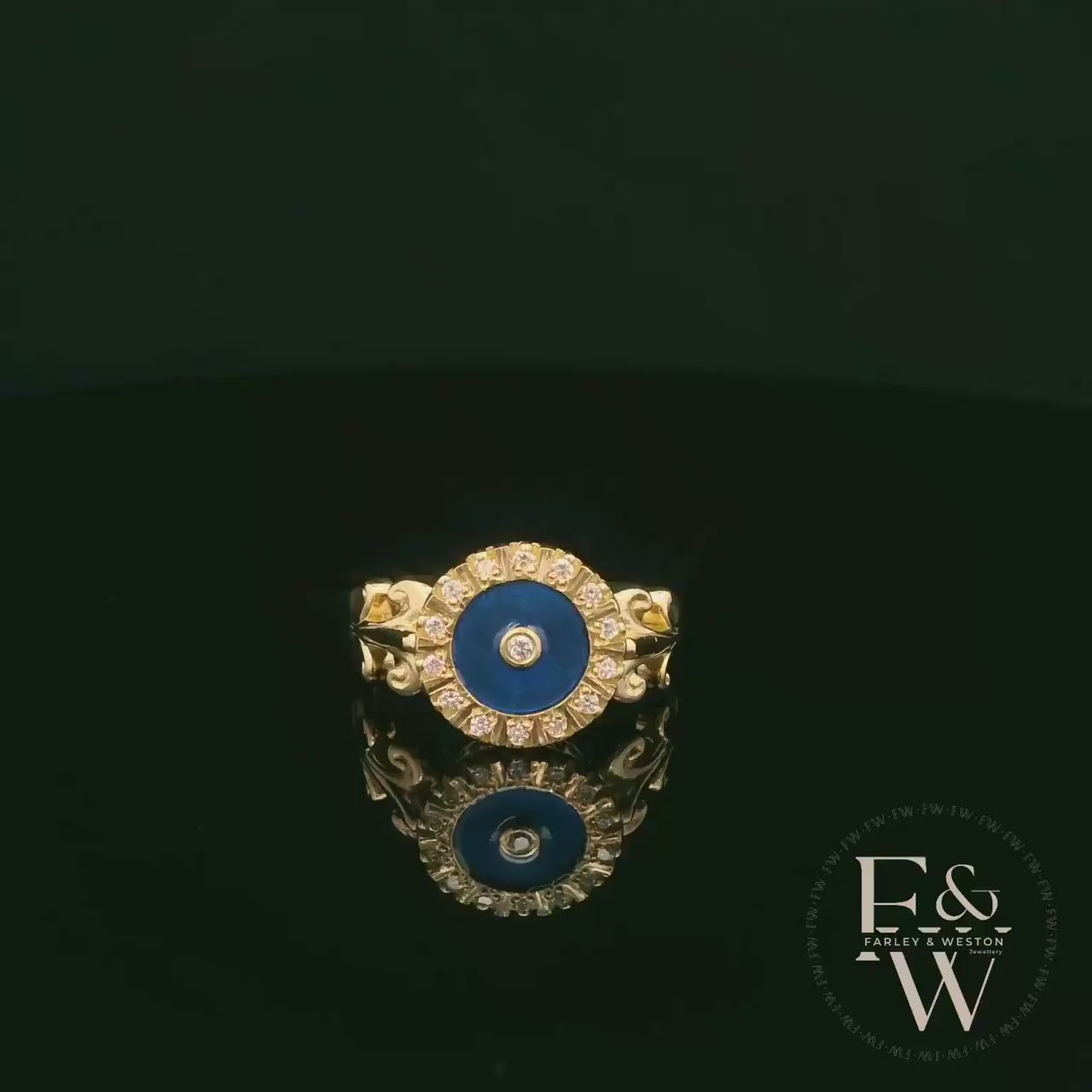 18ct Yellow Gold Blue Enamel & Diamond Feathered Shoulders Ring