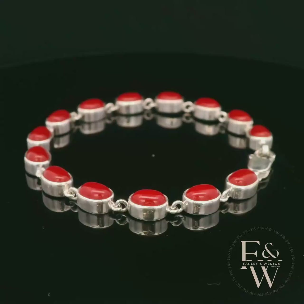 Sterling Silver Oval Red Coral Bracelet