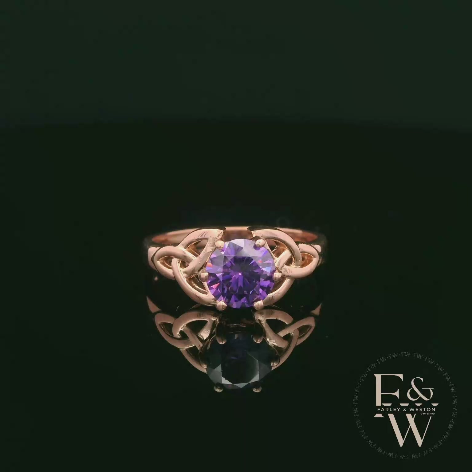 Celtic Patterned 9ct Rose Gold Amethyst CZ Single Stone Ring