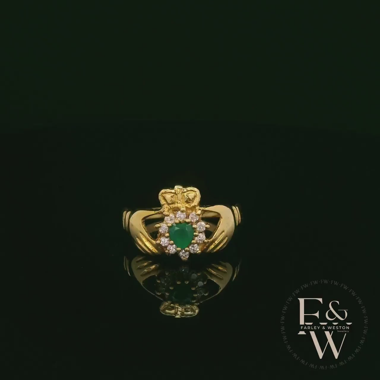 9ct Yellow Gold Agate and Diamond Unique Claddagh Ring