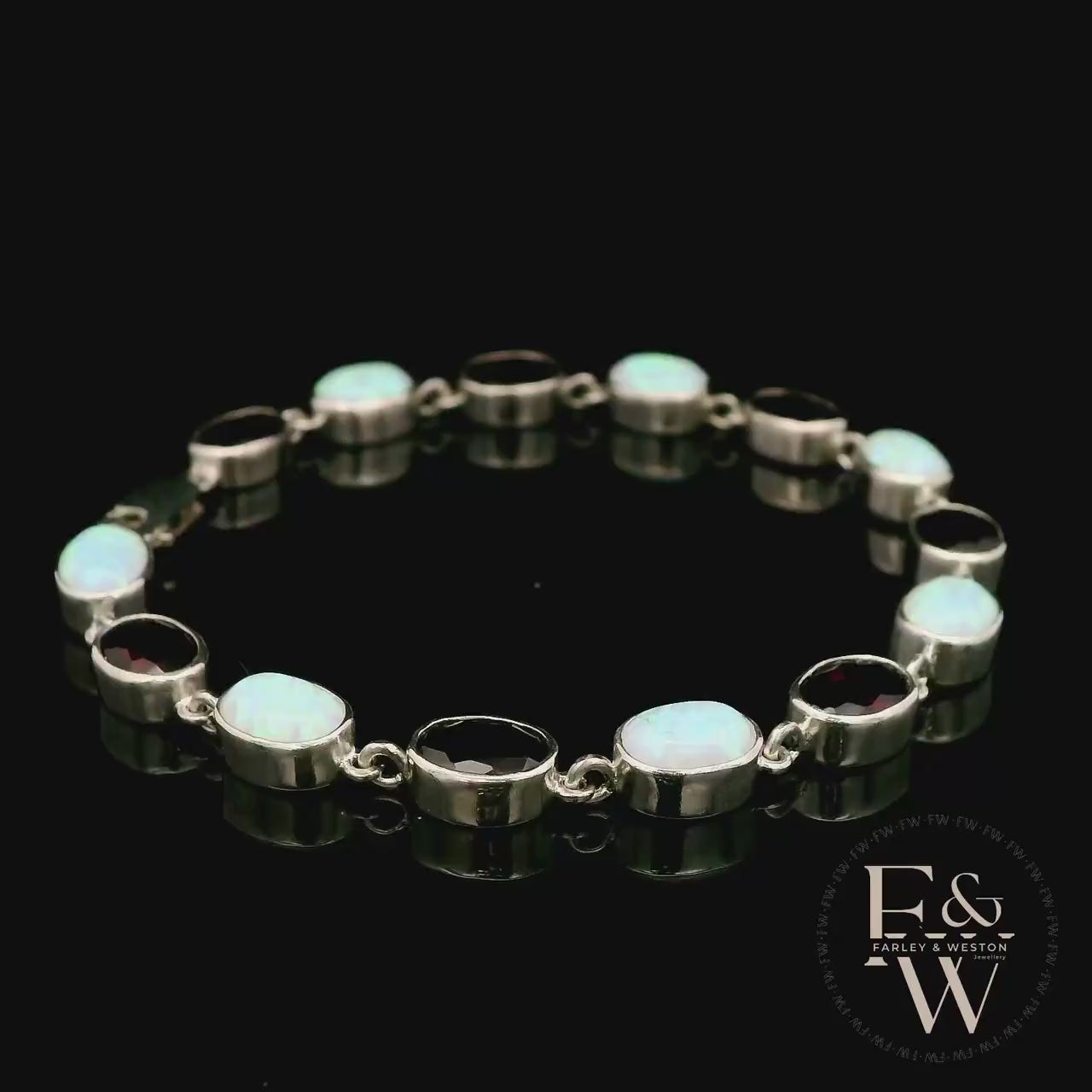 Sterling Silver Oval Cultured Opal and Garnet Bracelet