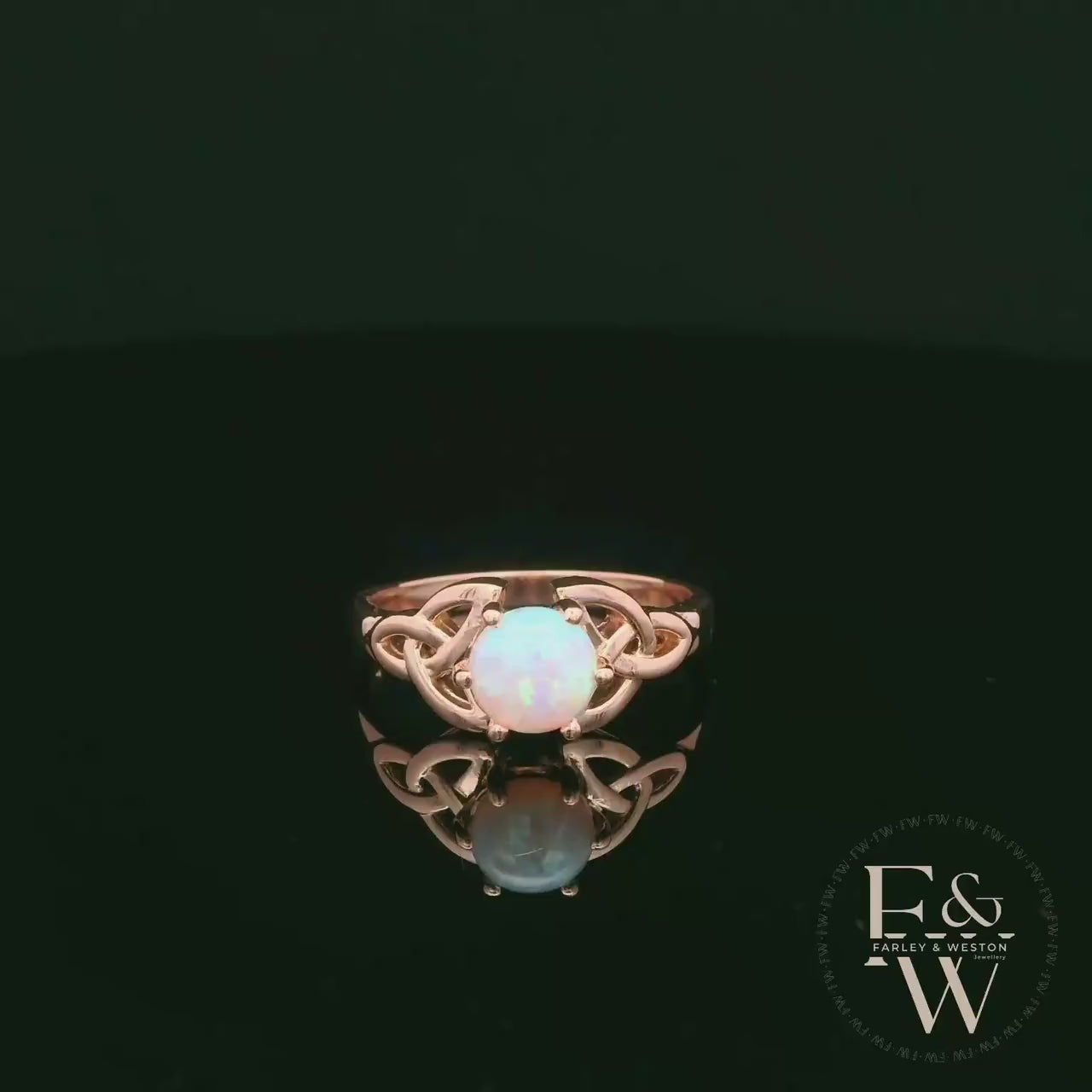 Celtic Patterned 9ct Rose Gold Cultured Opal Single Stone Ring