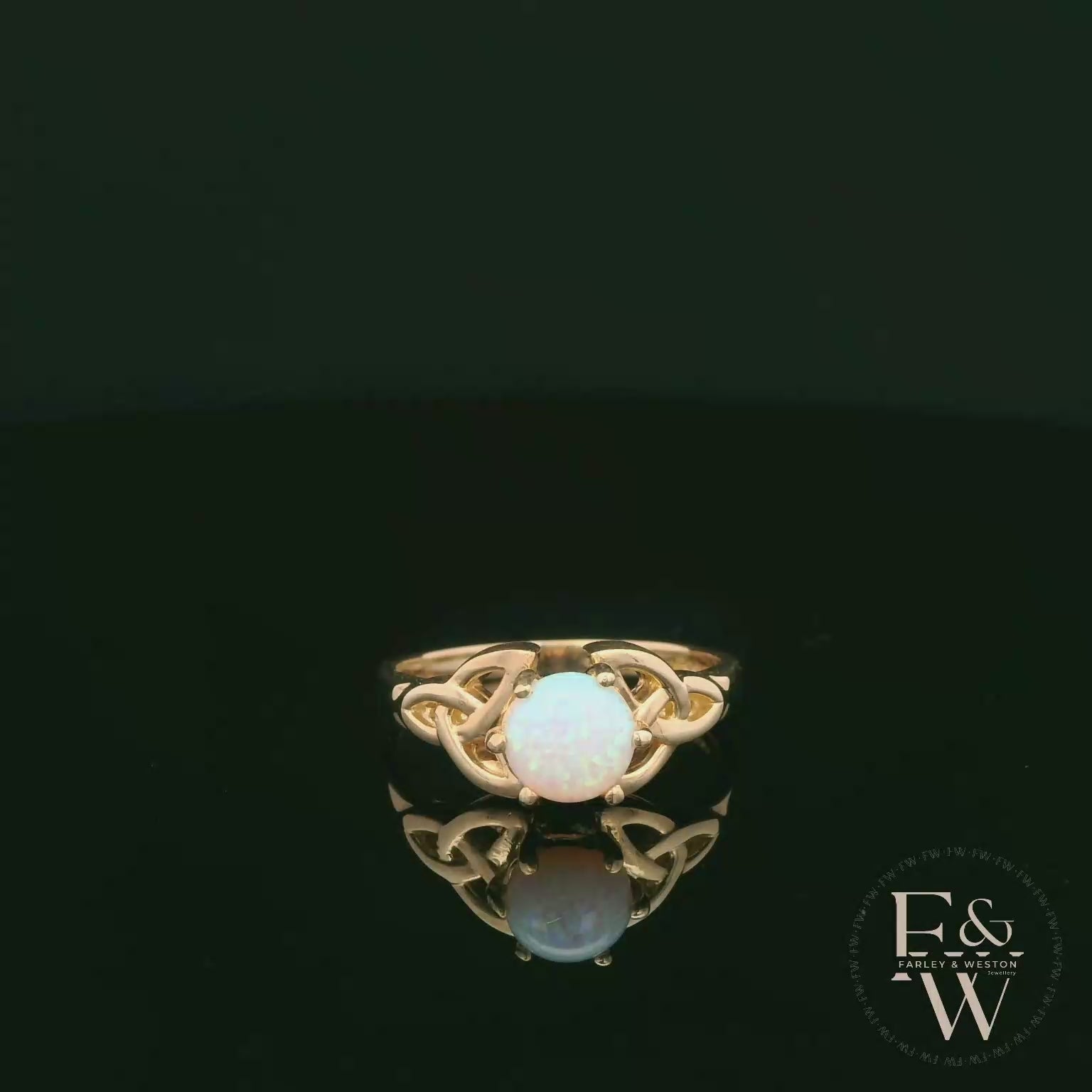 Celtic Patterned 9ct Yellow Gold Cultured Opal Single Stone Ring